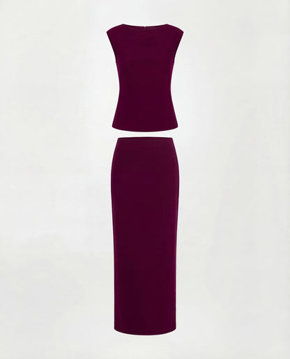Wine Ribbed Top And Skirt Set