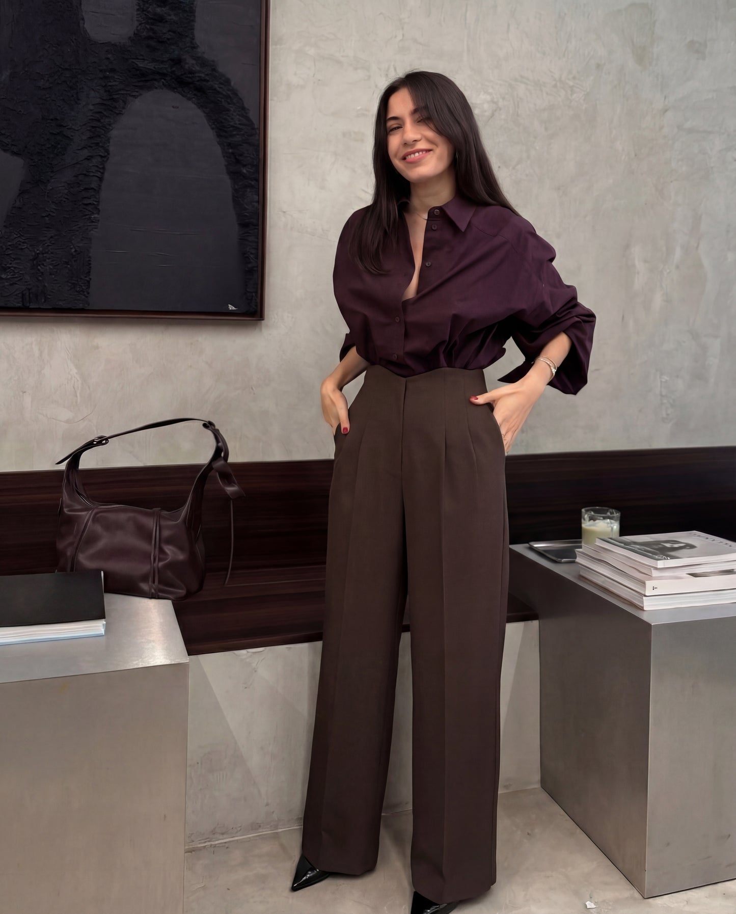 Corset Waist Pleated Pants - Dark Brown