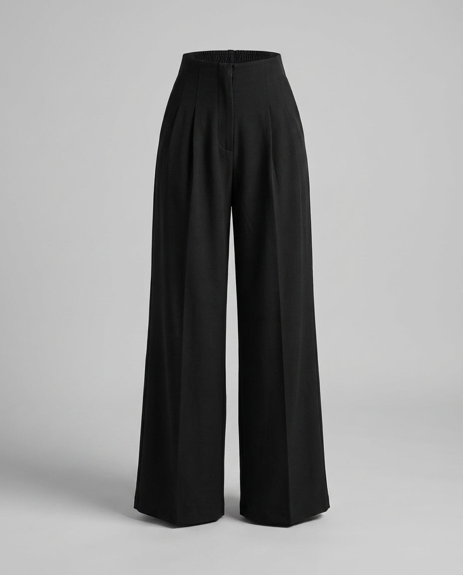 bottomwear,trousers,semi-formal,workwear,stretchable,polyester, spandex,black,pleated,relaxed fit,wide leg,full length,high rise, 24090016GG, OY963
