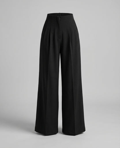 bottomwear,trousers,semi-formal,workwear,stretchable,polyester, spandex,black,pleated,relaxed fit,wide leg,full length,high rise, 24090016GG, OY963
