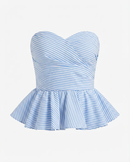 topwear,tops,casual, casual chic,gen z, glam, summer,woven,polycotton,printed,blue,stripes,color block,zipper,slim fit,bandeau,waist length,flared hem,off shoulder,no straps,no sleeves,sleeveless, OY2143, 25090042GG