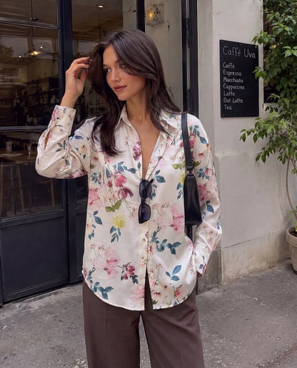 White & Multicolor Florals Satin Shirt