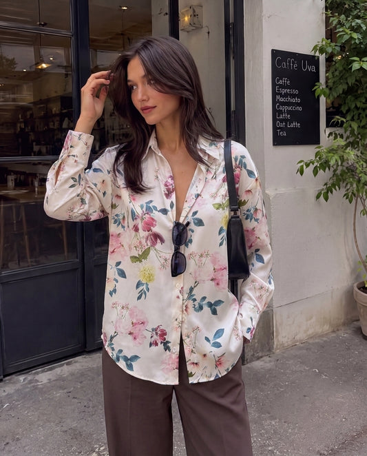White & Multicolor Florals Satin Shirt