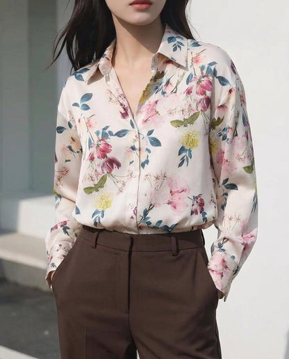 White & Multicolor Florals Satin Shirt