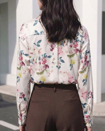 White & Multicolor Florals Satin Shirt