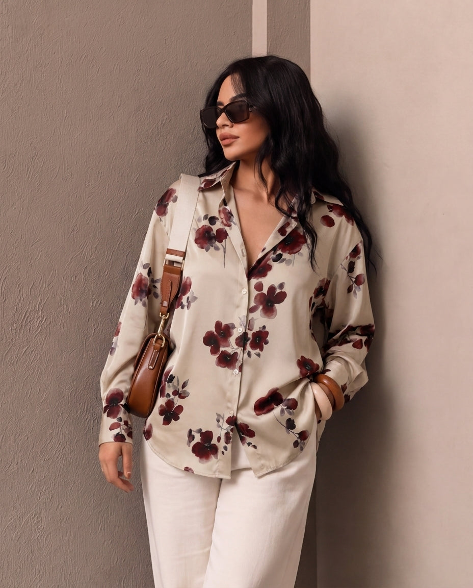 Wine Blossom Florals Satin Shirt