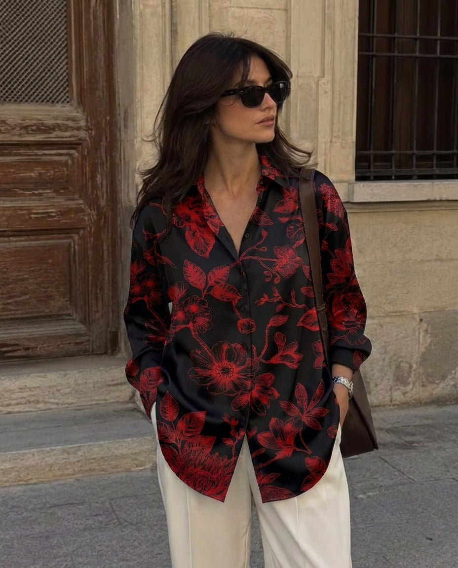 Deep Red Florals Satin Shirt