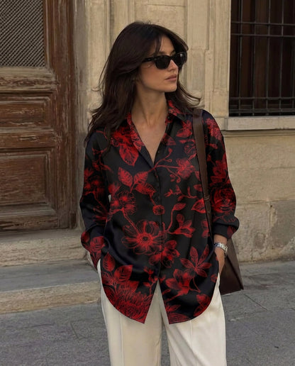 Deep Red Florals Satin Shirt
