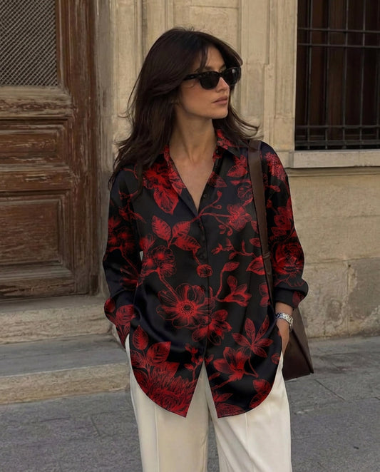 Deep Red Florals Satin Shirt