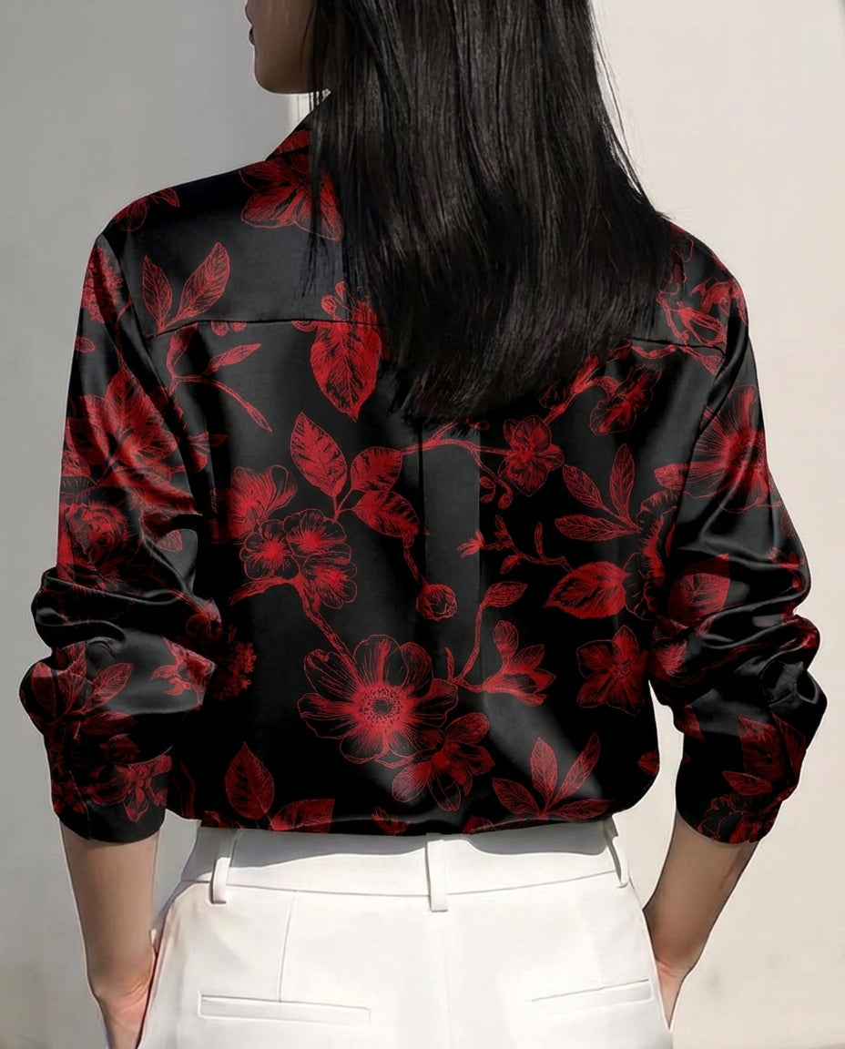 Deep Red Florals Satin Shirt