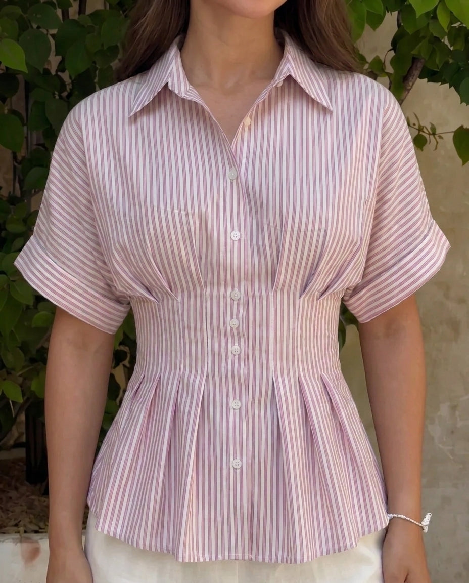 Pleated Cinched Waist Striped Top in Dusty Pink