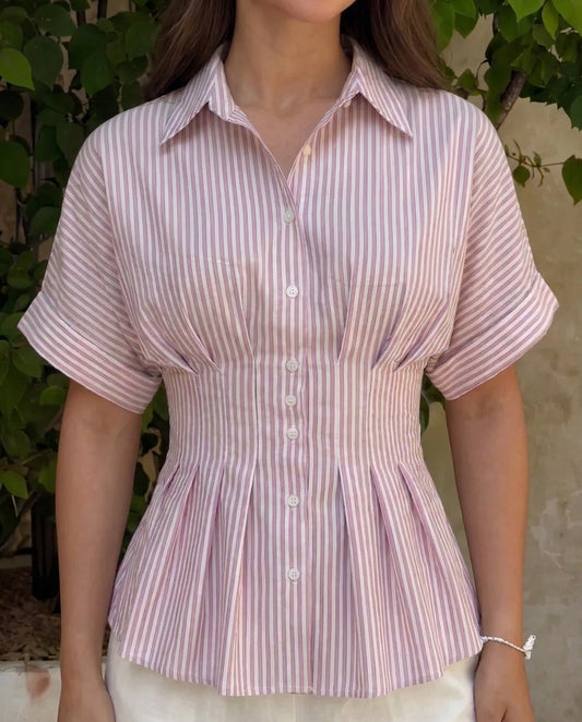 Pleated Cinched Waist Striped Top in Dusty Pink