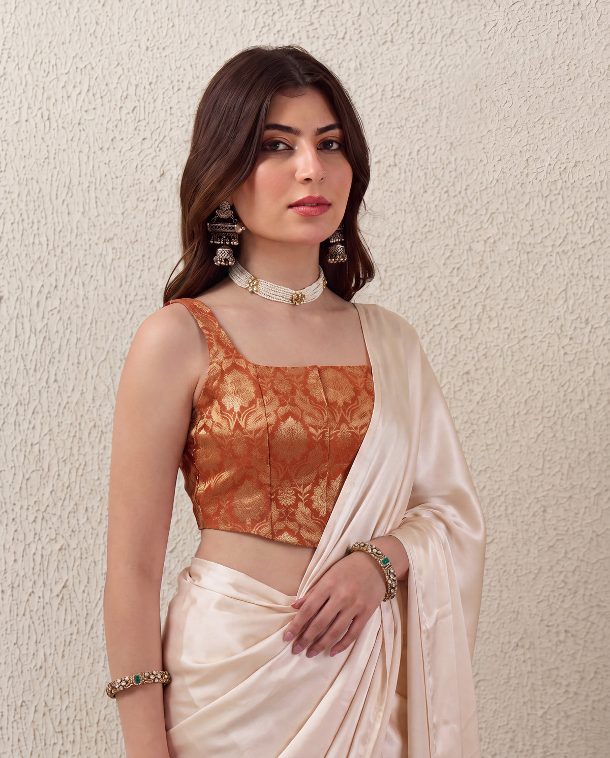 Rust Brocade Saree Corset Blouse