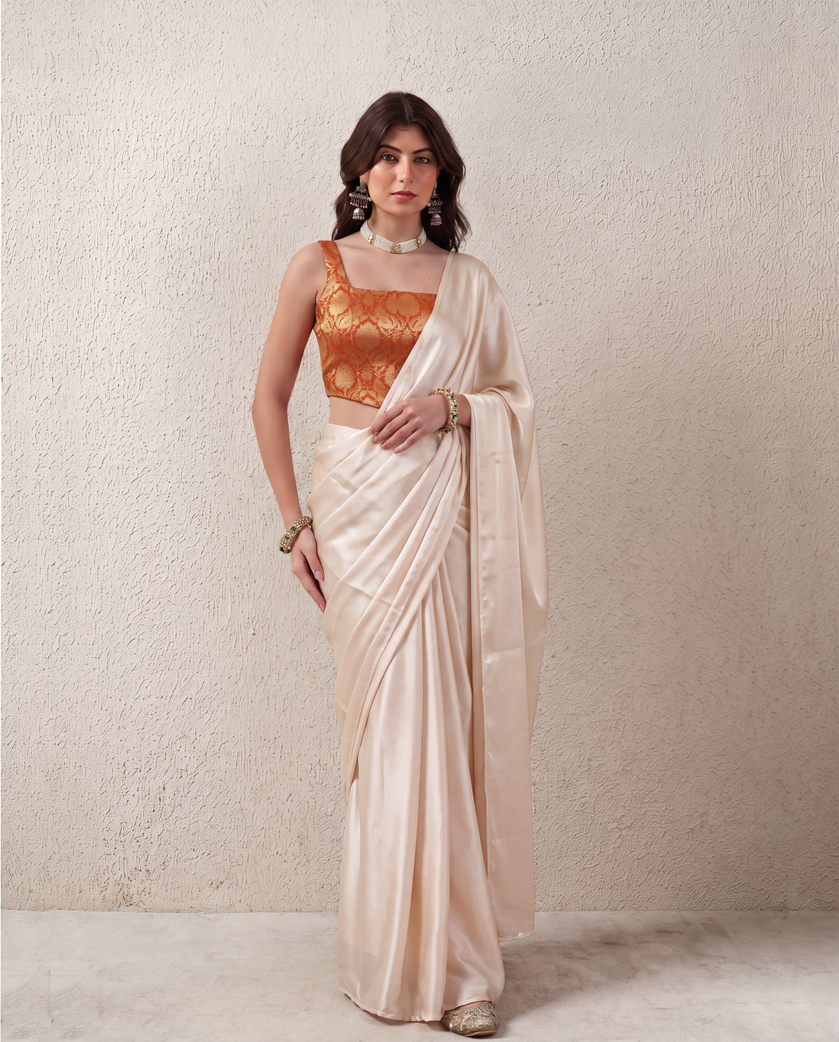 Rust Brocade Saree Corset Blouse