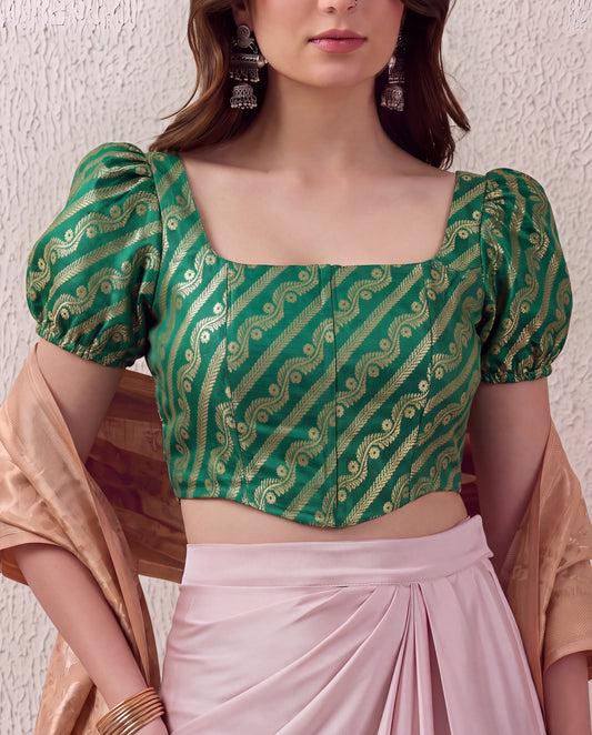 Emerald Green Puff Sleeves Brocade Corset Top