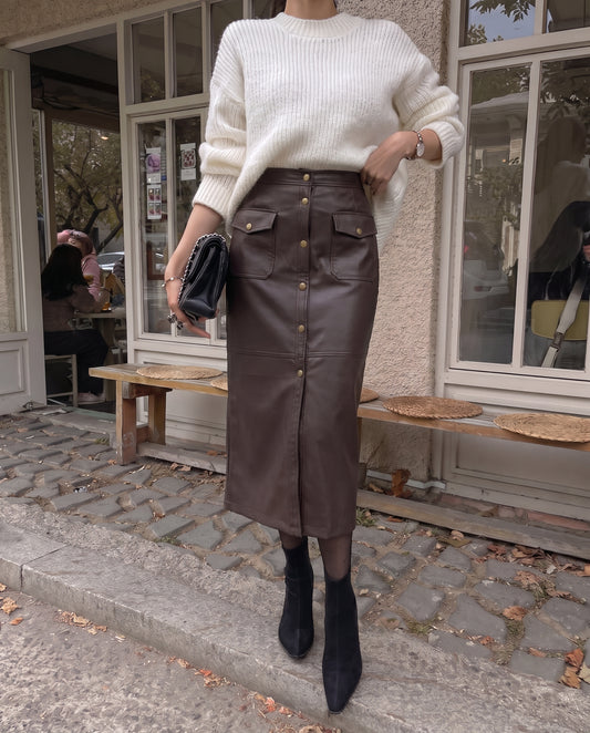 Chocolate Brown PU Leather Utility Midi Skirt
