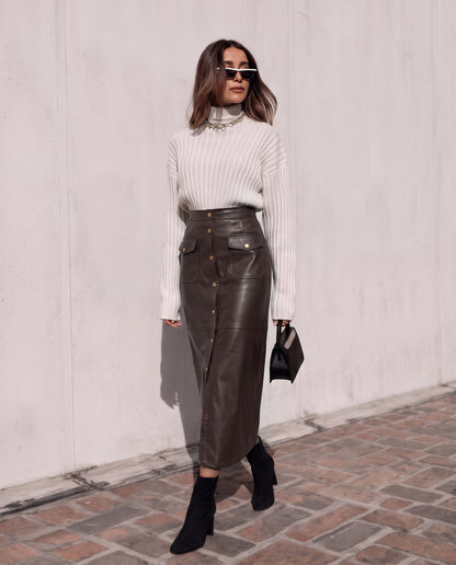 Chocolate Brown PU Leather Utility Midi Skirt