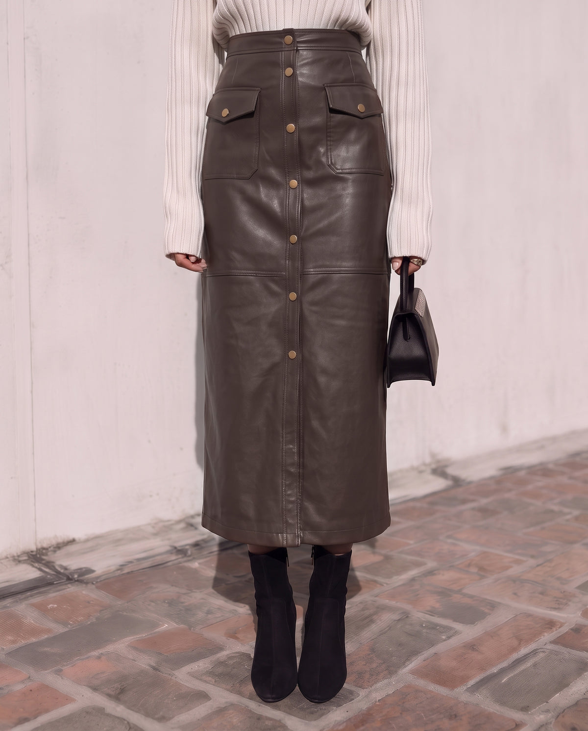 Chocolate Brown PU Leather Utility Midi Skirt