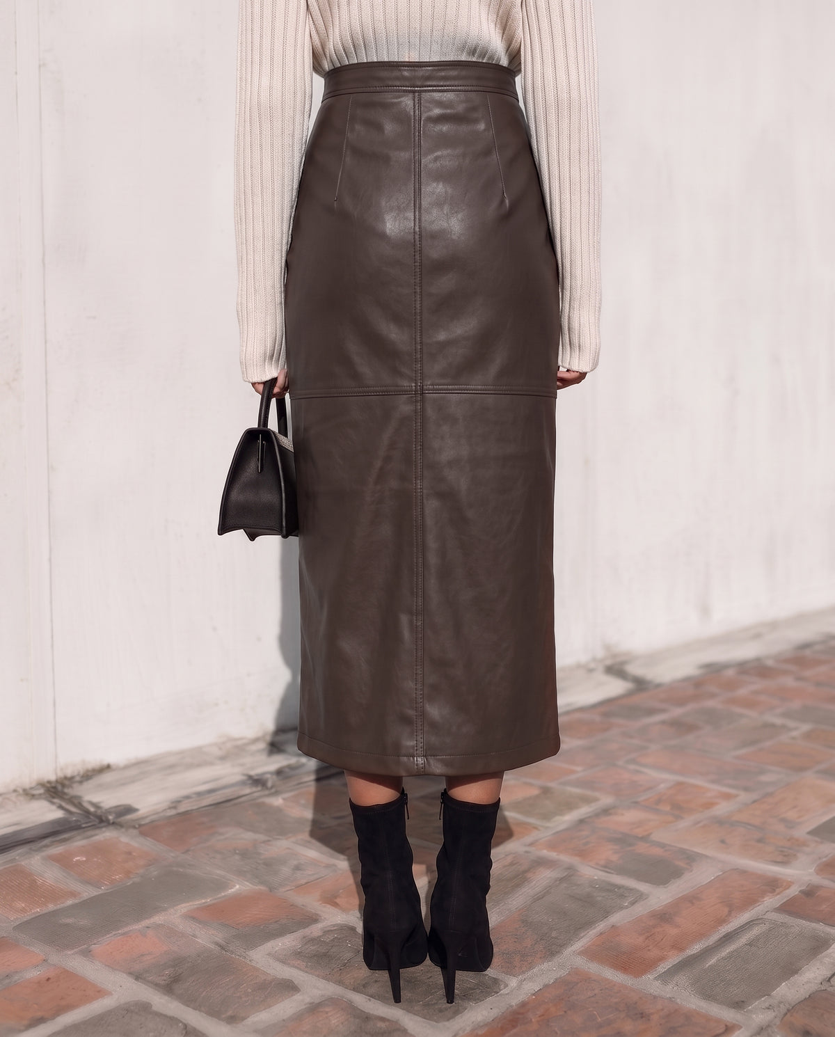 Chocolate Brown PU Leather Utility Midi Skirt