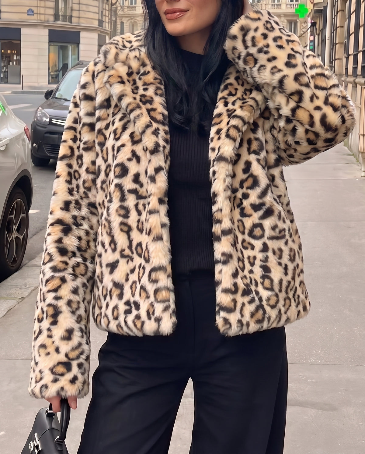 Leopard Print Faux Fur Coat – Beige