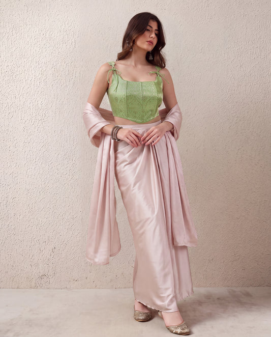 Mint Green Brocade Corset Top & Satin Skirt Set