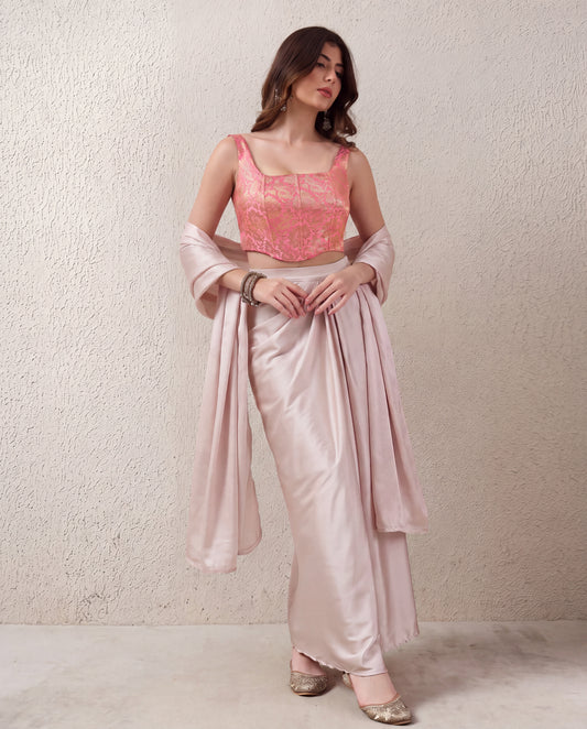 Blush Pink Brocade Corset Top & Satin Skirt Coord Set