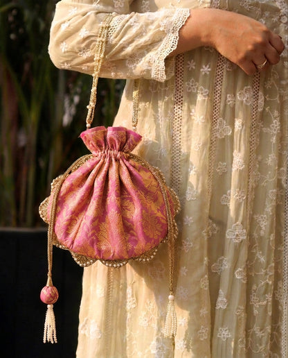 Pink Brocade Potli Bag with Gold Tassel