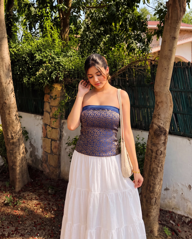 Ada Brocade Corset Tube Top - Navy Blue