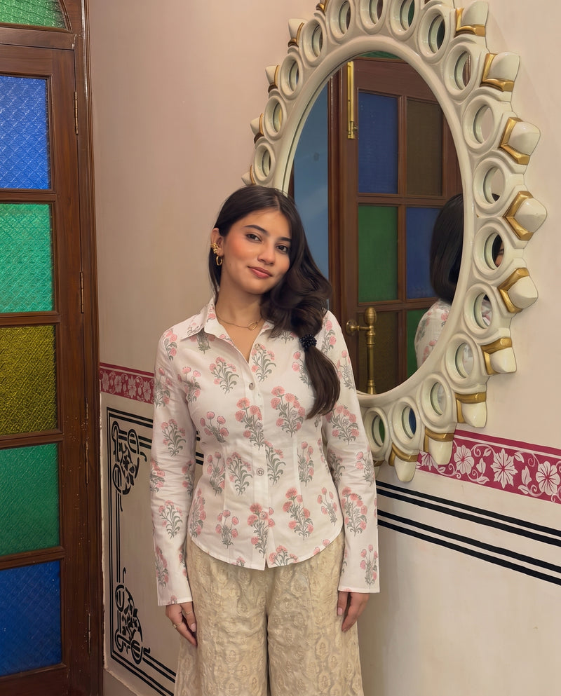 White Block Print Bell Sleeve Top