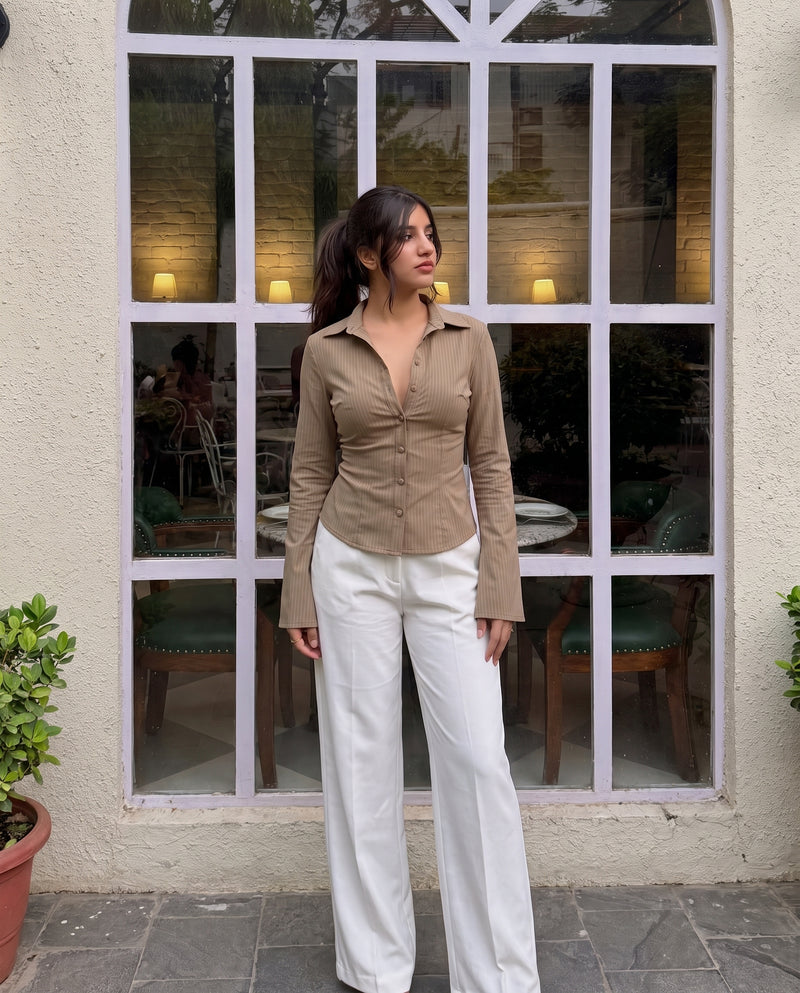 Pinstripes Flared Sleeves Shirt In Beige