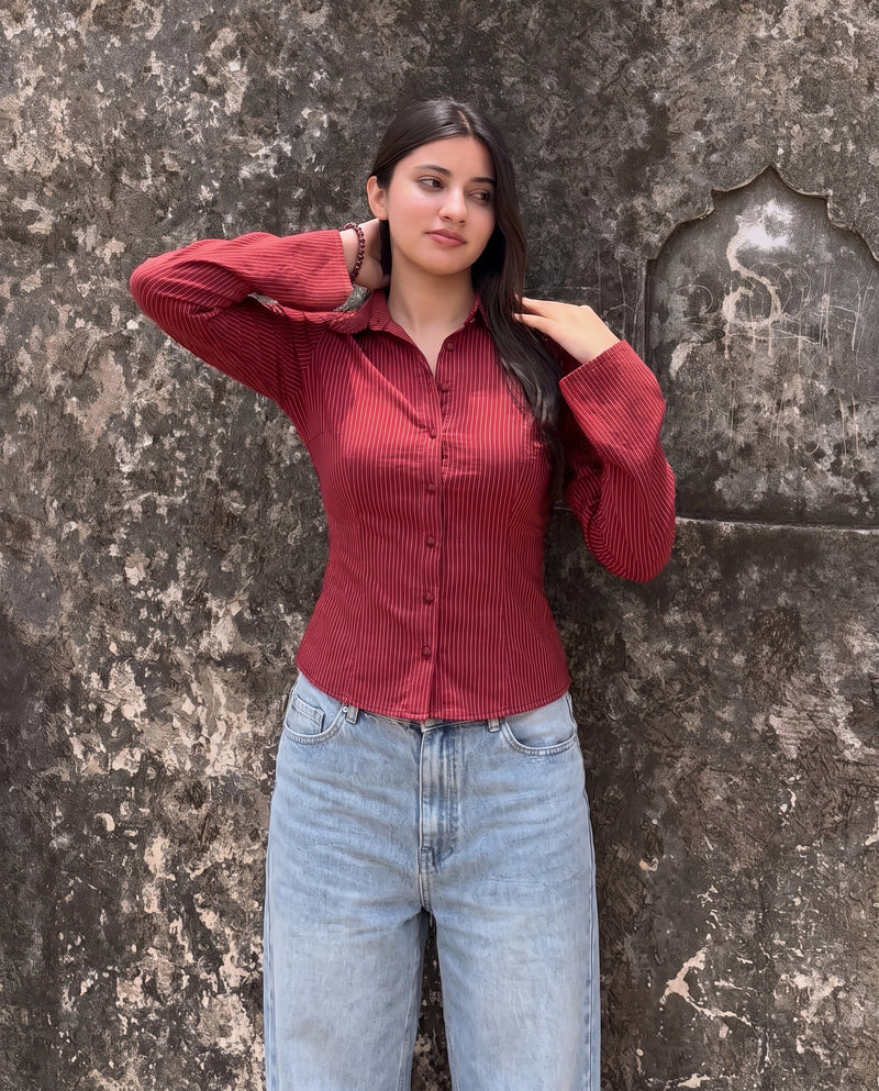 Red Stippled Stripes Flared Sleeves Shirt