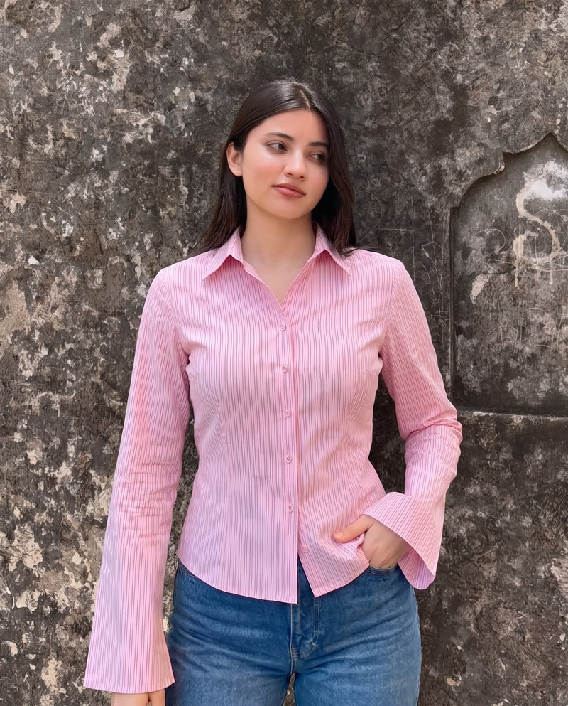 Pink Pinstripe Flared Sleeve Fitted Shirt
