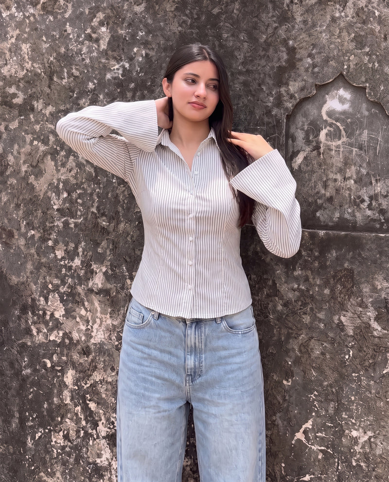 Stippled Stripes Flared Sleeves Shirt in White
