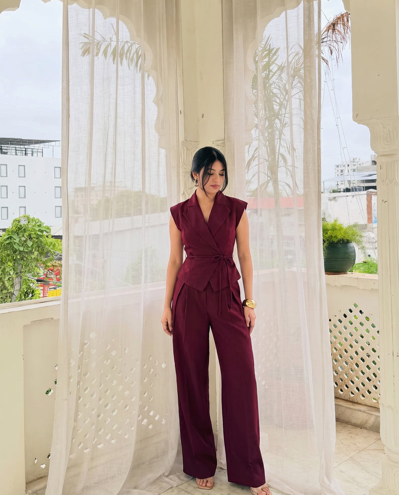 Maroon Tie Up Waist Coat Suit Set