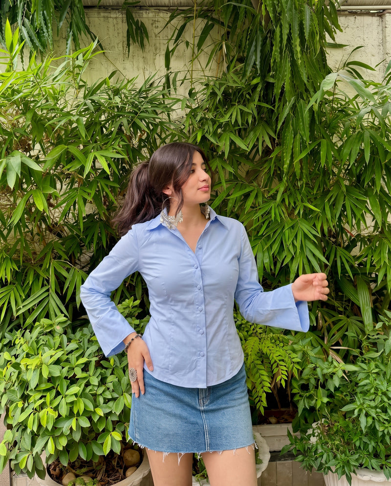 Blue Flared Sleeves Shirt