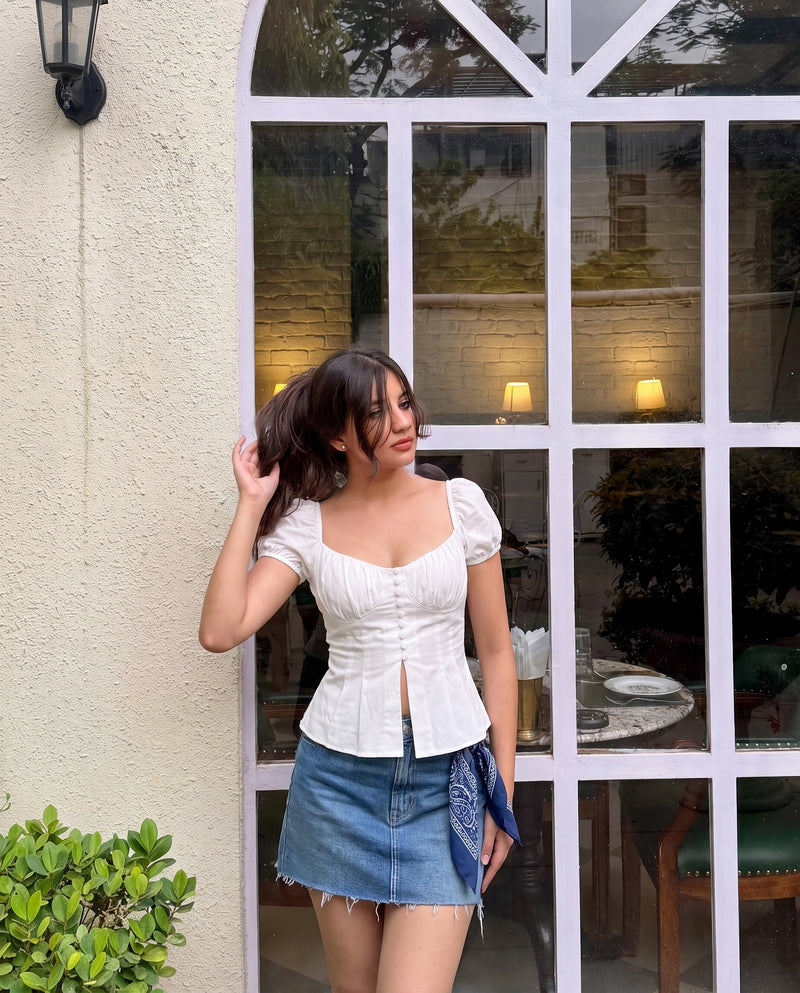 White Button Up Ruched Peplum Top