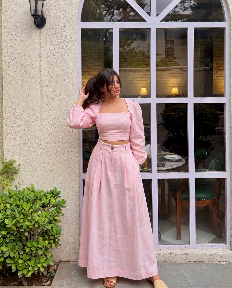 Soft Pink Balloon Sleeves Linen Top and Skirt Set