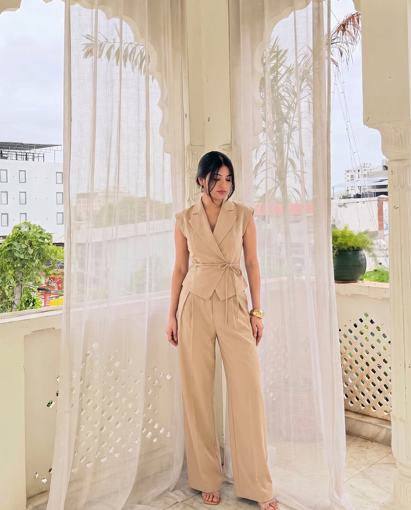 Beige Tie Up Waist Coat Suit Set