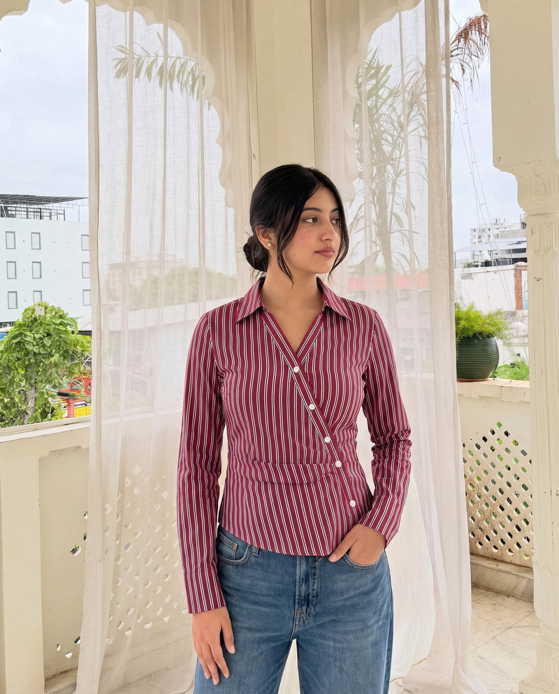 Red Stripe Asymmetric Hem Shirt