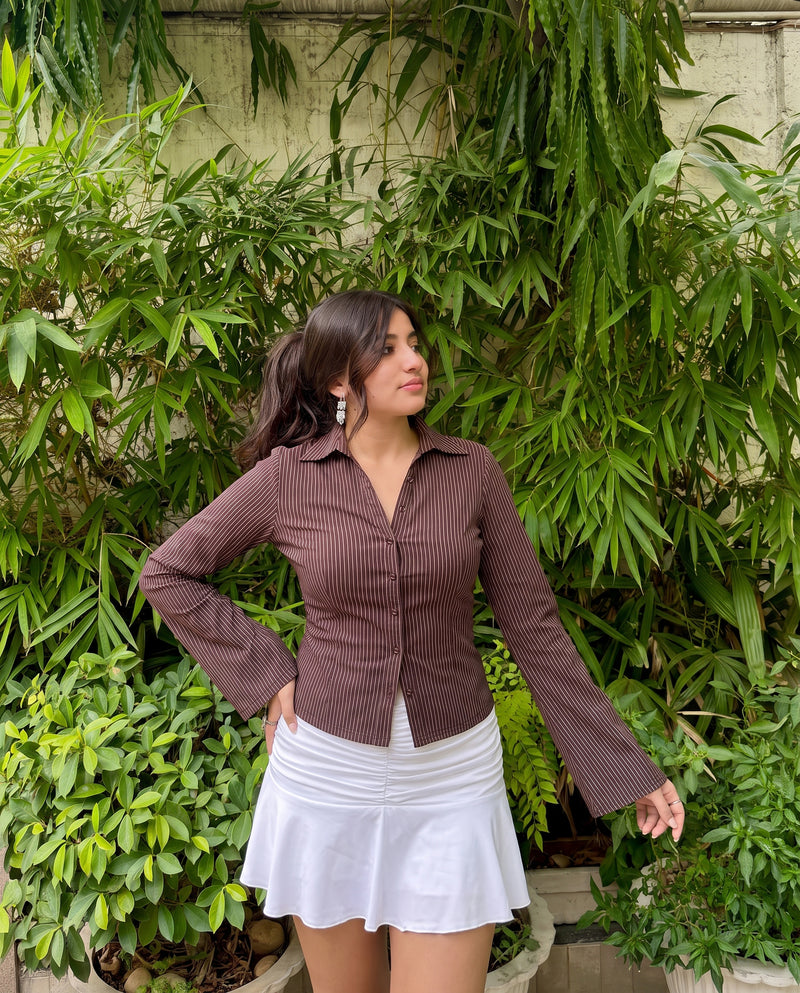 Flared Sleeves Pinstripes Shirt - Brown