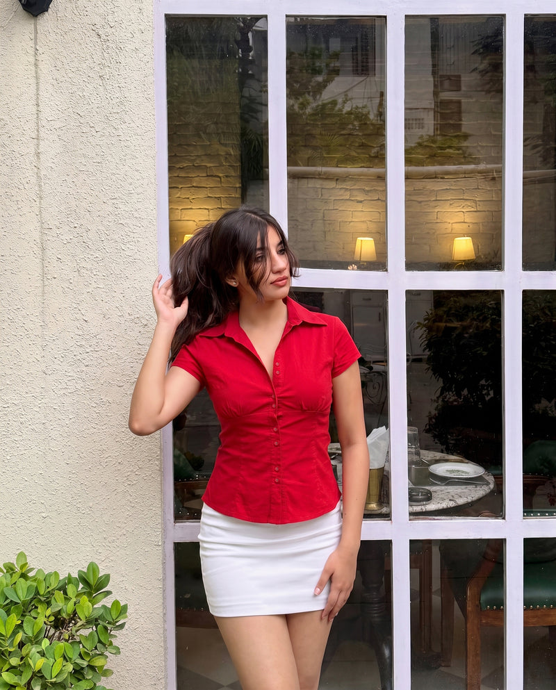 Red Waist Fitted Cotton Shirt