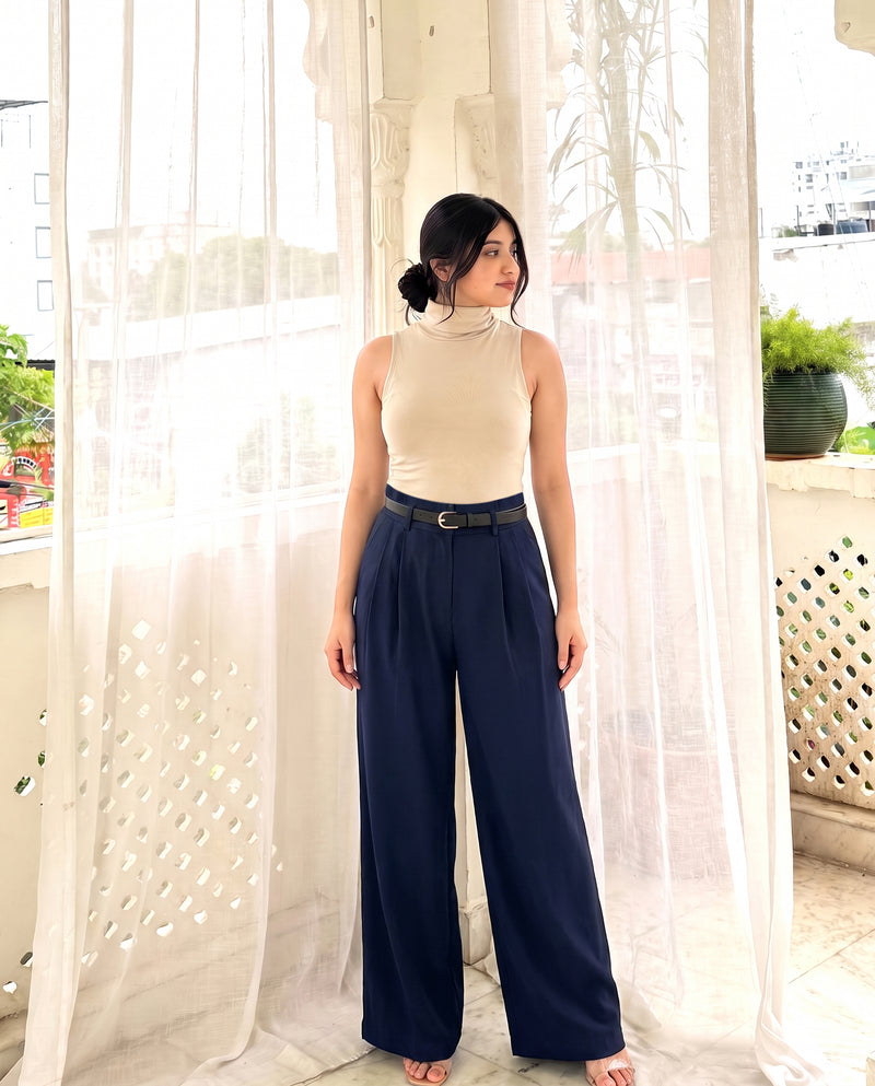 Navy Pleated Pants With Belt