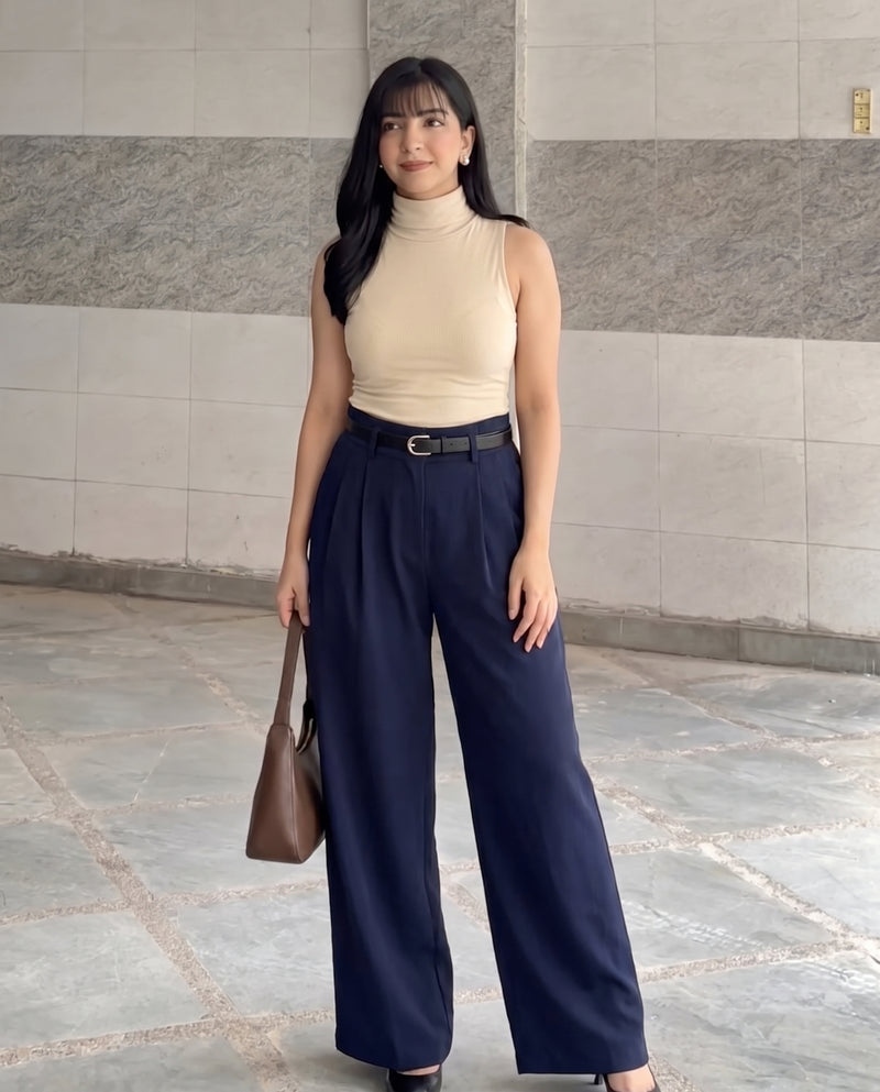 Navy Pleated Pants With Belt