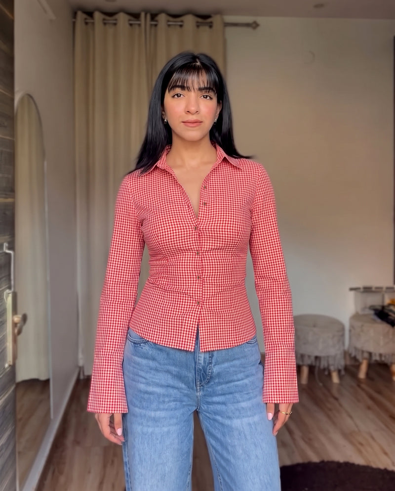 Red Gingham Check Flared Sleeve Fitted Shirt