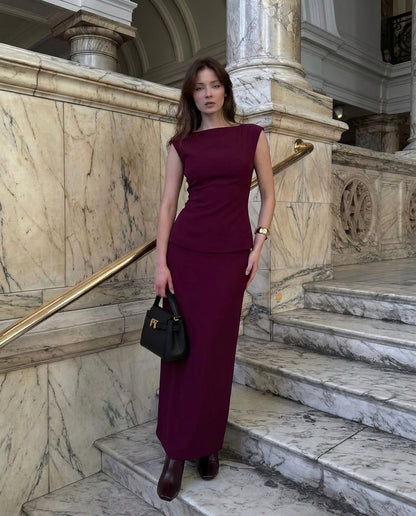Ribbed Top And Skirt Set - Wine