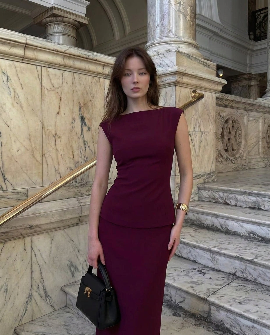 Ribbed Top And Skirt Set - Wine