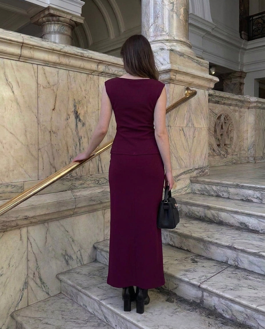 Ribbed Top And Skirt Set - Wine