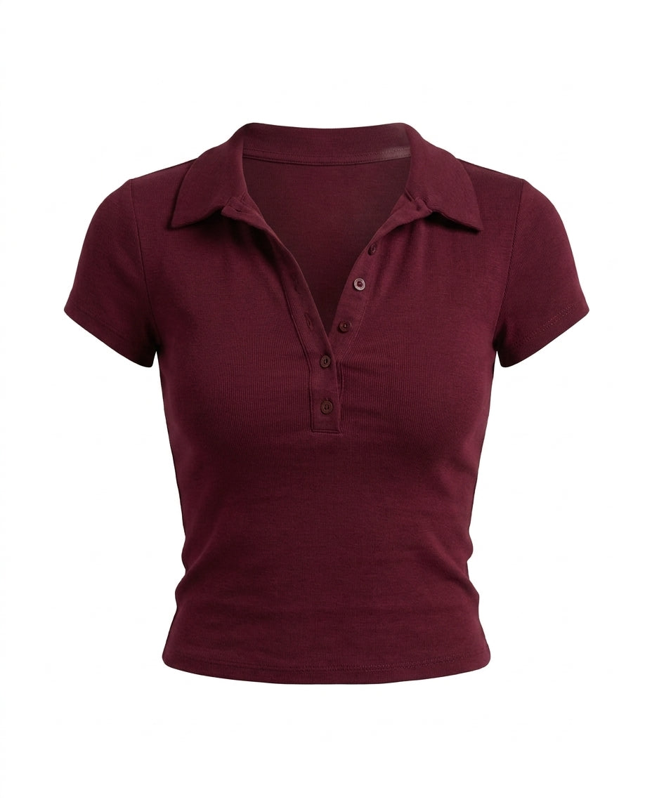 Polo Crop Tee - Burgundy