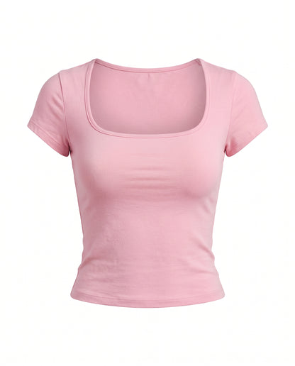 Pink Square neck Ribbed Top