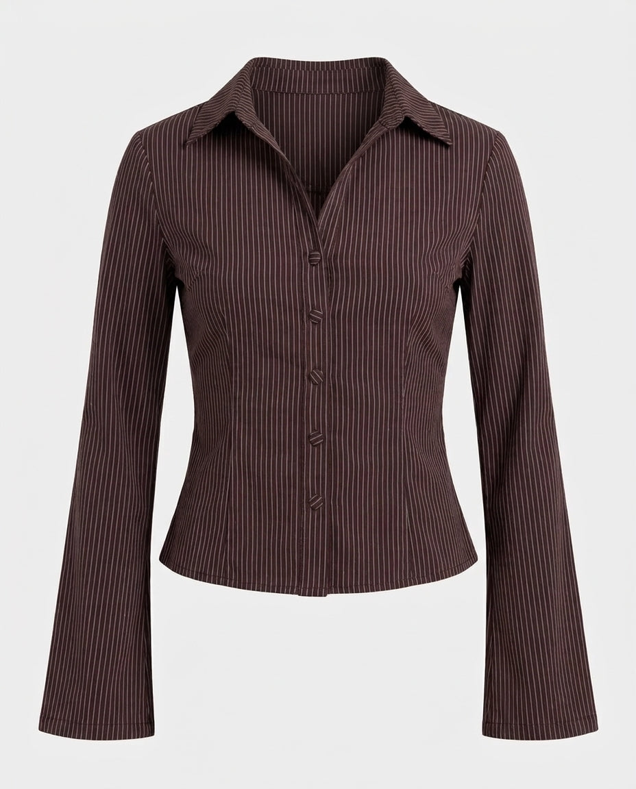 Flared Sleeves Pinstripes Shirt - Brown